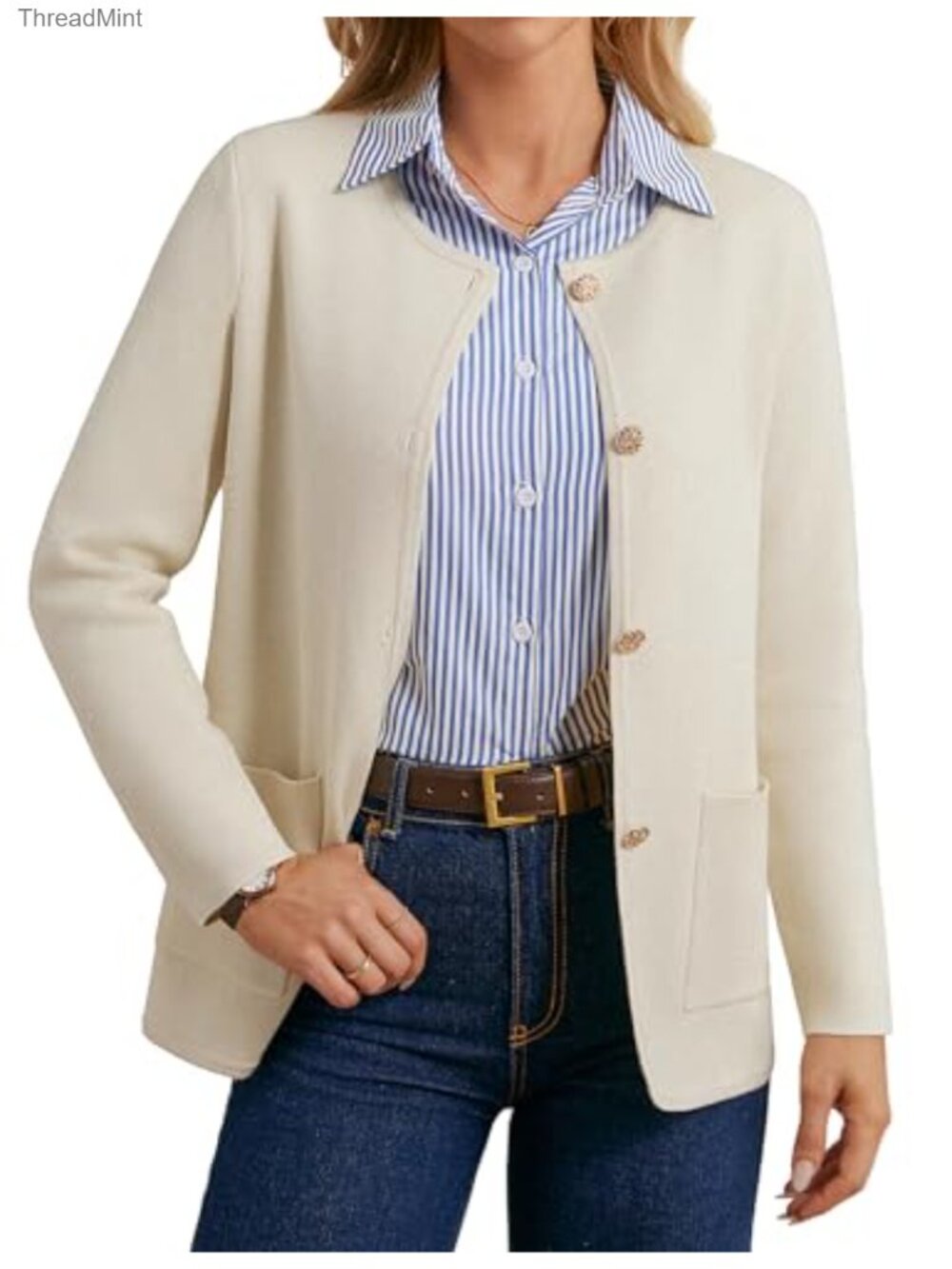 Women's Knit Blazer Casual Cardigan Open Front Sweater Long Sleeve with Pockets